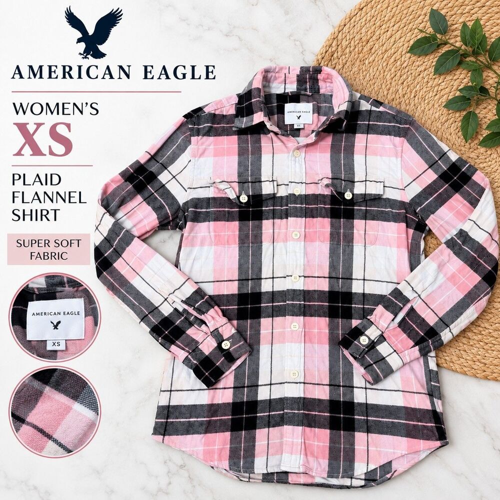 American Eagle Women's XS Pink Black Plaid Super Soft Flannel Shirt